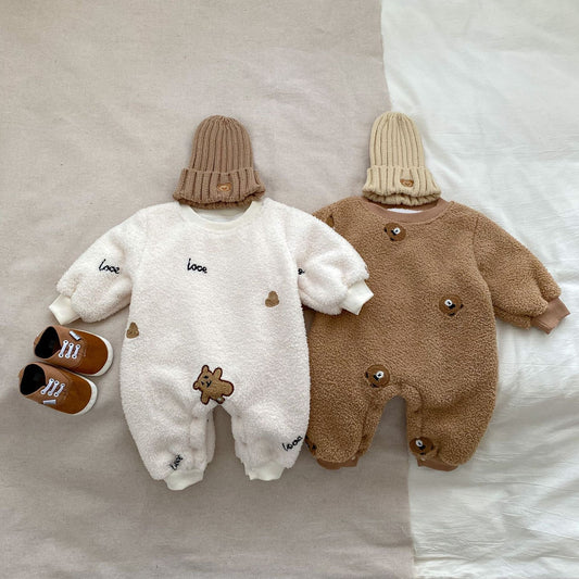 Infant Baby Little Bear Design Warm Thicken Long Sleeve Jumpsuit In Winter