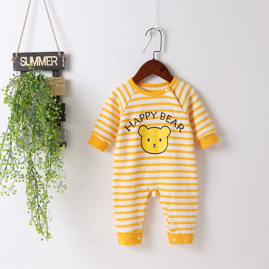 Baby Cartoon Bear & Striped Pattern Crotch Jumpsuit Romper