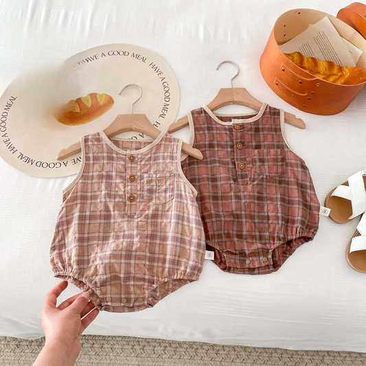 Summer New Arrival Baby Unisex Cotton Soft Thin Country Plaid Sleeveless Onesie