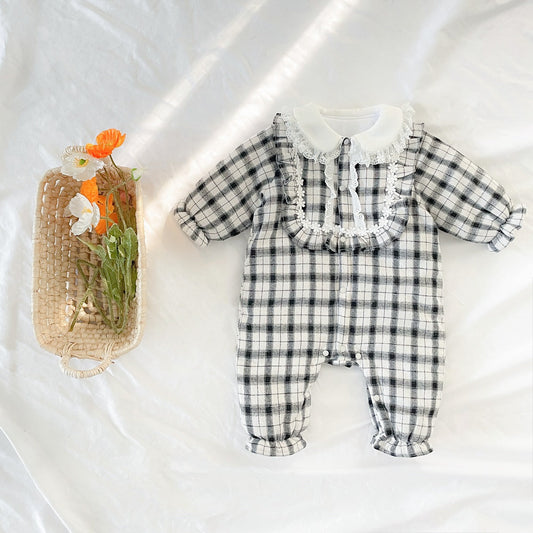 Baby Girl Plaid Pattern Frill Trim Design Thickened Thermal Cotton Jumpsuit