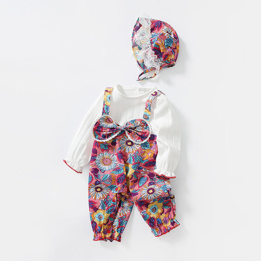 Baby Girl Floral Pattern Bow Decoration O-Neck Long Sleeves Strap Jumpsuit